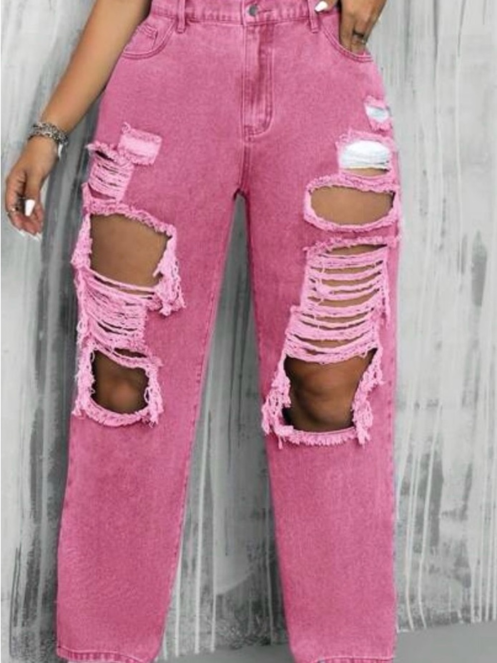 SHEIN Pink Distressed Boyfriend Jeans